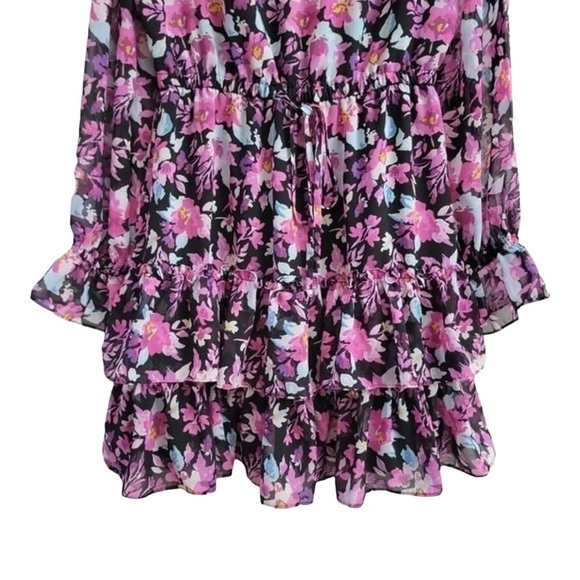 Bar Ill Purple Pink & Black Floral Ruffled Hem Mini Dress Large - Picture 7 of 11